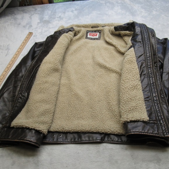 Levis Jacket Mens Large Brown Faux Leather‎ Sherpa Lined Pockets Snap Zip Front - Picture 6 of 16